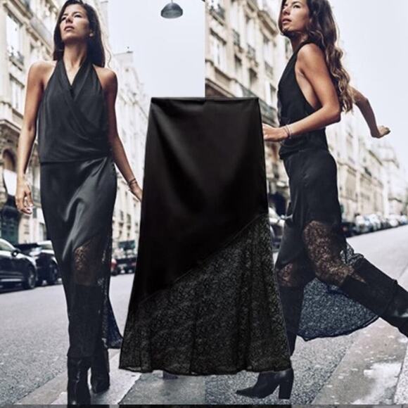 Zara Black COMBINATION LACE SATIN EFFECT MIDI SKIRT Size Large